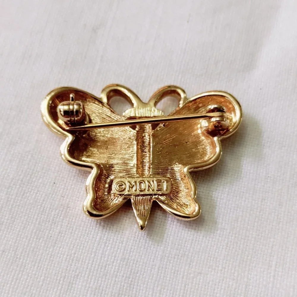 4/$20 Vintage Monet Signed Gold Tone Butterfly Brooch Pin Smooth Simple 1